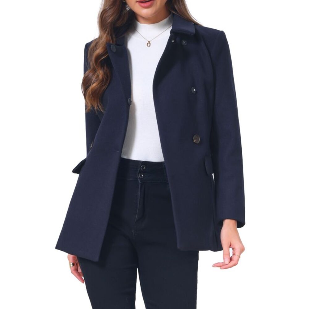Women's Winter Short Pea Coat Peter Pan Collar Overcoat Jacket Navy Blue
